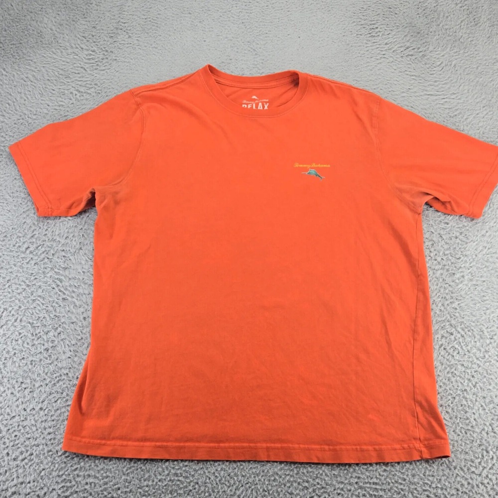 Tommy Bahama Shirt Mens Large Orange Rum Pa Pum Pum Graphic Short Sleeve Marlon - Picture 2 of 10